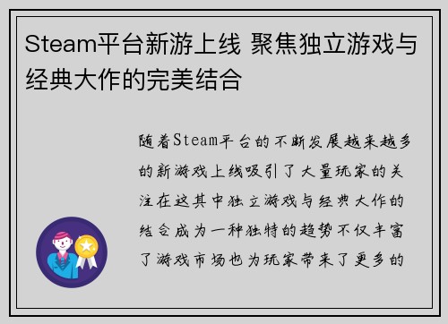 Steam平台新游上线 聚焦独立游戏与经典大作的完美结合