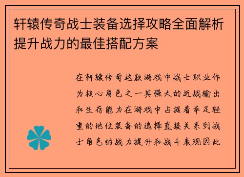 轩辕传奇战士装备选择攻略全面解析提升战力的最佳搭配方案