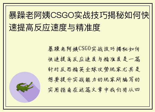 暴躁老阿姨CSGO实战技巧揭秘如何快速提高反应速度与精准度